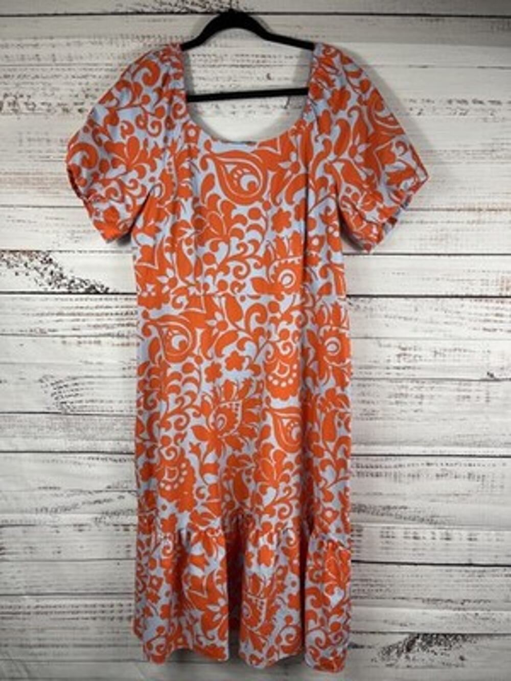 Talbots Dress Womens 12 Orange Floral Square Neck Puff Sleeve Maxi Sundress